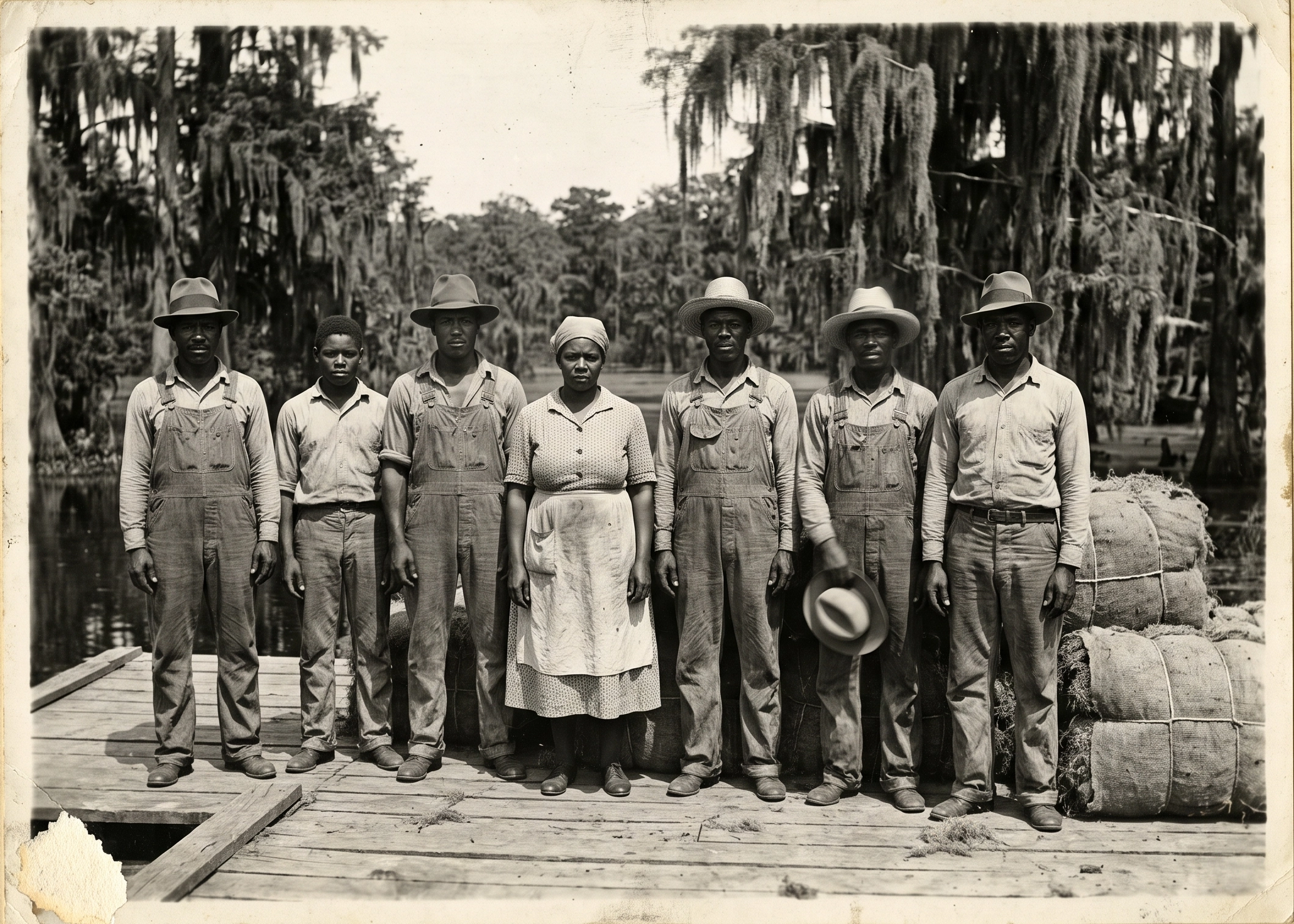 Moss gin workers at the landing, 1938
